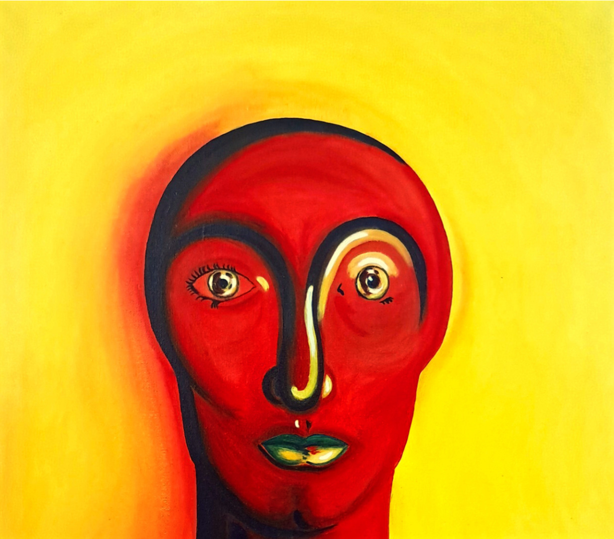 Painting of red face with yellow background and blue and white accents.